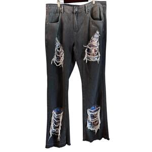 Rebel Vengence Men’s Bootcut Jeans Distressed Patches Gray Size 34 Ombré